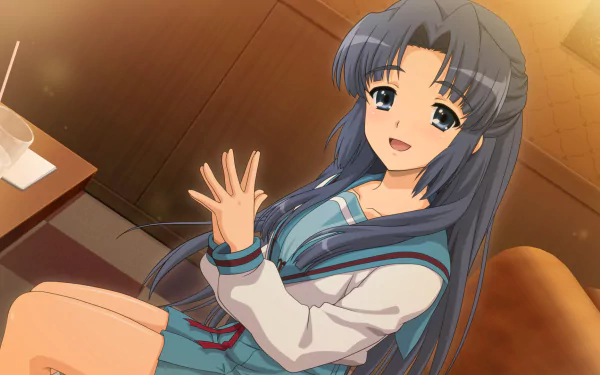 HD PC desktop wallpaper/background of Ryōko Asakura (anime, The Melancholy of Haruhi Suzumiya) — smiling long-haired girl in a blue sailor school uniform seated indoors.