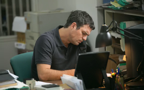 Mark Ruffalo as Michael Rezendes in a scene from the 2015 movie Spotlight, shown working at a cluttered desk in a 4K Ultra HD PC desktop wallpaper.