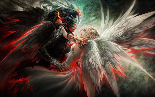 Fantasy Love Angel Demon Couple Wings Good vs. Evil HD Wallpaper | Background Image