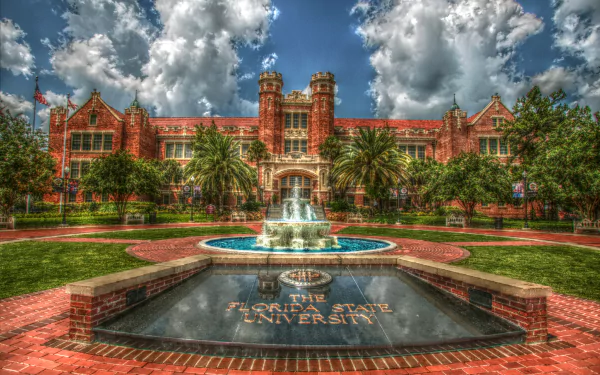 A stunning HDR image of the fountain and palm trees at Florida State University, showcasing the iconic architecture and vibrant campus environment in 4K Ultra HD.