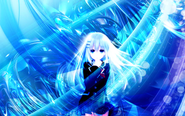 HD desktop wallpaper featuring Origami Tobiichi from Date A Live, showcasing her blue eyes, long white hair, and school uniform, set against a vibrant, ethereal blue background.