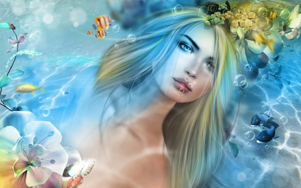 Fantasy Mermaid Blonde Underwater Fish Aqua Eyes HD Wallpaper | Background Image