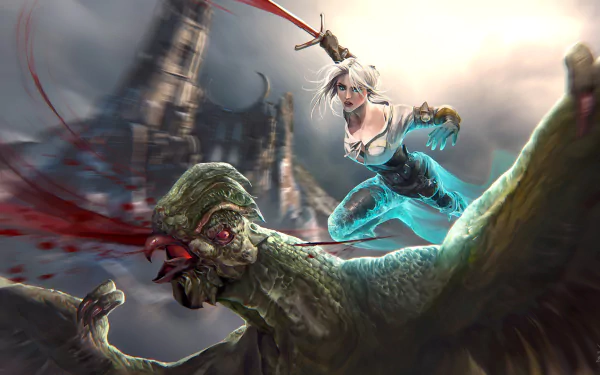 Ciri from The Witcher 3: Wild Hunt battles a fierce creature in this HD PC desktop wallpaper, capturing the dynamic action and intricate details of the game.