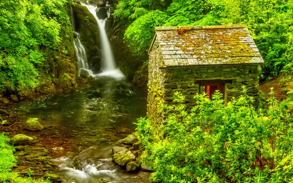 A moss-covered shack beside a vibrant green forest waterfall with lush foliage, captured in HD for a stunning PC desktop wallpaper background.