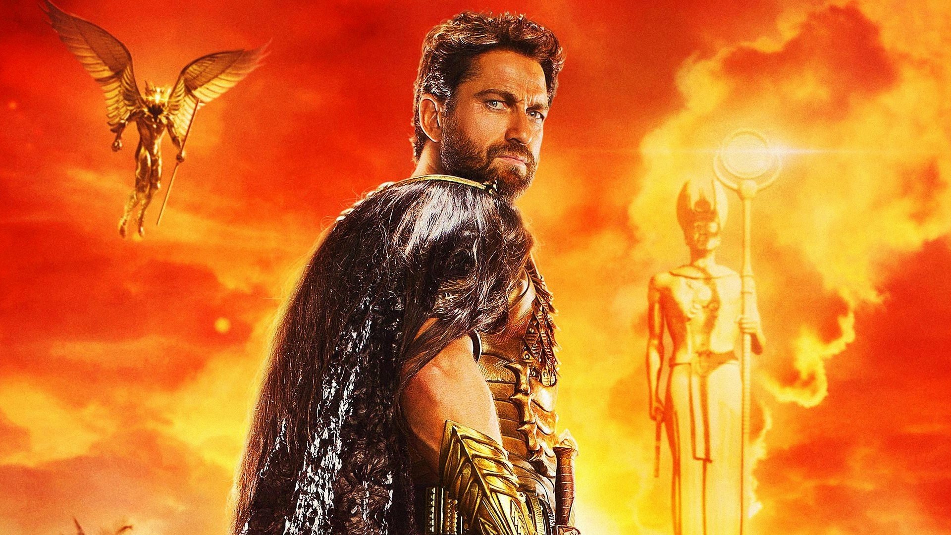 HD PC desktop wallpaper featuring Gerard Butler in his role from the movie Gods of Egypt, set against a fiery, mythological background.