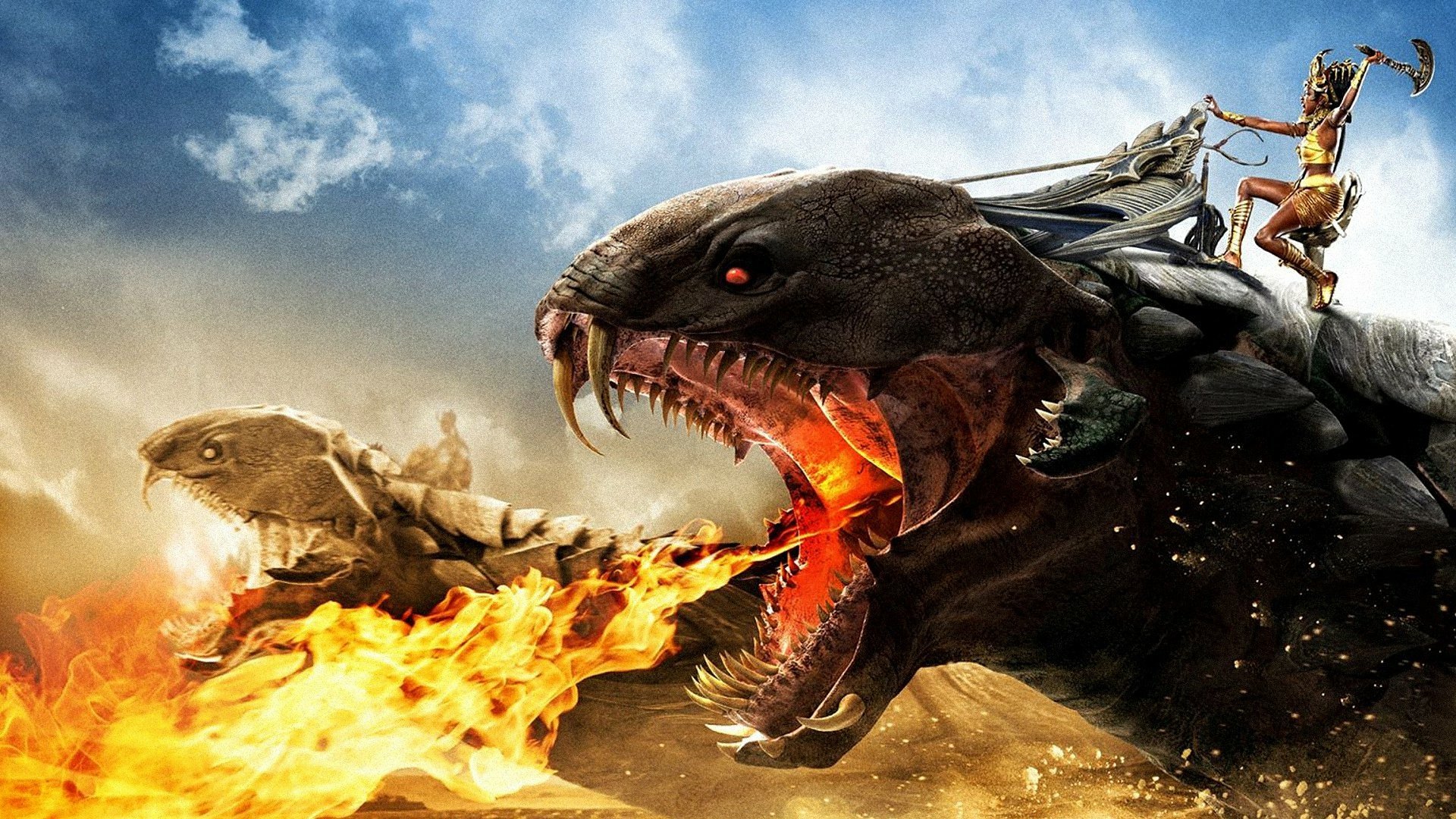 A dynamic scene from the movie Gods Of Egypt, featuring fierce battles with mythical creatures and warriors against a dramatic sky, designed as a captivating HD desktop wallpaper.