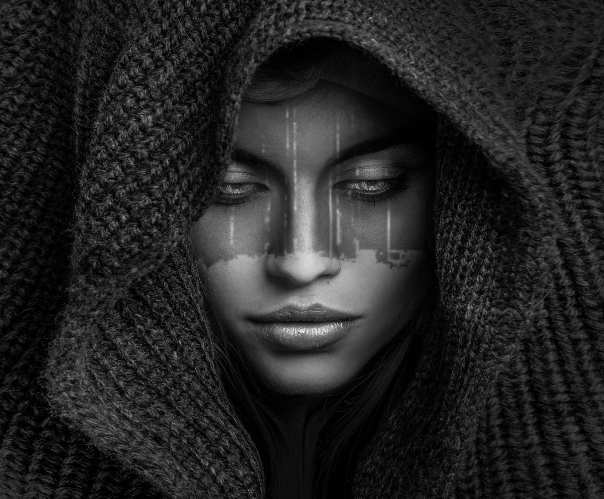 Download Black & White Hood Woman Face HD Wallpaper by Joachim Bergauer