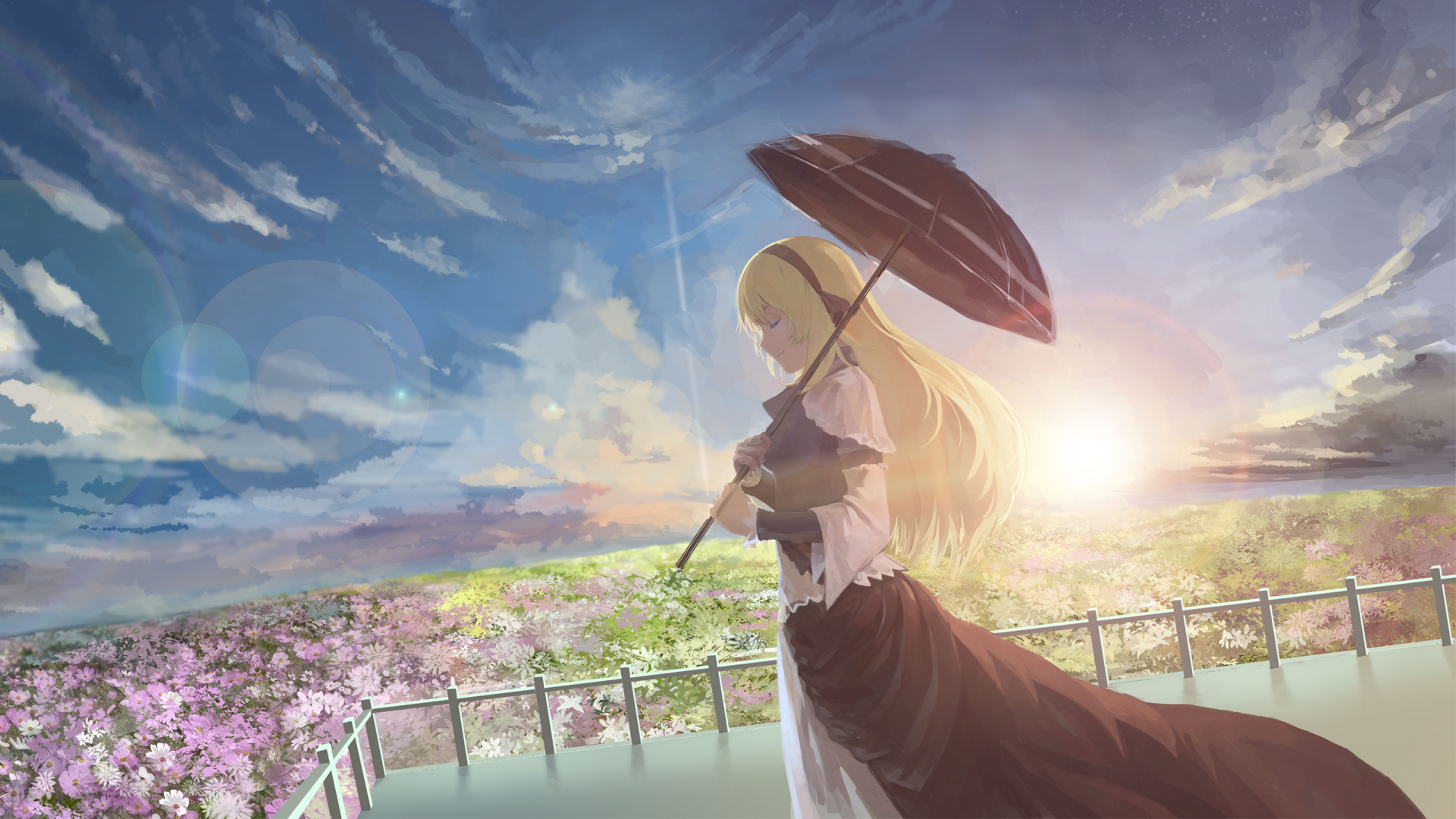 A serene anime scene featuring a blonde figure holding an umbrella, set against a vibrant sky and a field of flowers, creating an enchanting HD wallpaper and background.