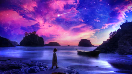 A little girl stands on a beach, gazing at a pink and blue sci-fi sky with clouds and a shooting star, while a boat rests on the tranquil water, creating a magical tropical landscape.