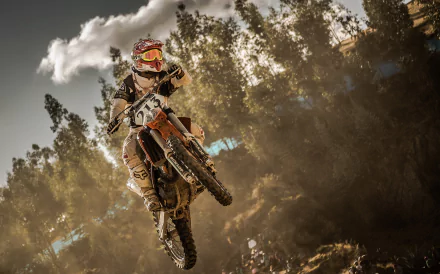 A dynamic HD desktop wallpaper showing a motocross rider mid-air on a motorcycle, amidst a backdrop of trees and a clear sky, exemplifying the thrill and intensity of the sport.