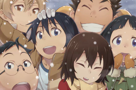 Anime characters Osamu, Kazu, Hiromi Sugita, Kenya Kobayashi, Satoru Fujinuma, and Kayo Hinazuki from Boku Dake Ga Inai Machi (ERASED) smiling in the snow. HD desktop wallpaper and background.