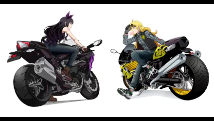 Anime characters Yang Xiao Long and Blake Belladonna from RWBY pose on their motorcycles in this vibrant 4K Ultra HD desktop wallpaper, showcasing dynamic energy and style.