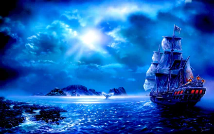 A fantasy HD wallpaper of a pirate ship sailing on a moonlit ocean under a cloudy sky, with a small sailboat in the distance and islands on the horizon, creating a mystical blue seascape.