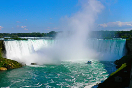 4K Ultra HD desktop wallpaper of Niagara Falls showcasing powerful cascading water, mist rising, and lush greenery under a bright blue sky.