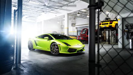 A vibrant green Lamborghini Gallardo parked inside a spacious garage, captured in sharp 4K Ultra HD quality, offering a sleek automotive PC desktop wallpaper and background.