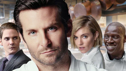 HD desktop wallpaper: poster-style image for the movie Burnt showing a lead chef in the foreground with three colleagues posed in a professional kitchen.