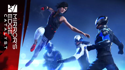 Faith Connors leaps through the air in an action-packed scene from Mirror's Edge Catalyst, captured in this HD PC desktop wallpaper.