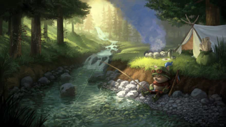 HD desktop wallpaper featuring Teemo from League of Legends peacefully fishing by a stream in a forest setting.