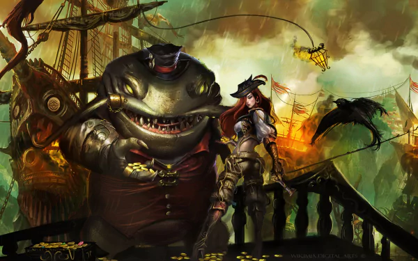 Tahm Kench and Miss Fortune from League of Legends stand together on a pirate ship, surrounded by treasure and adventure, in this vibrant HD wallpaper for fans of the game.