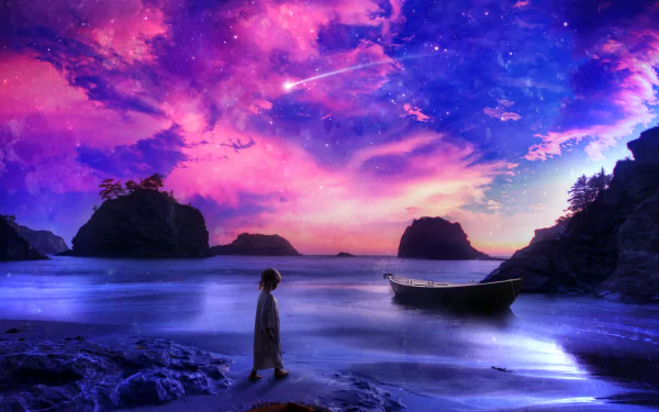 A little girl stands on a beach, gazing at a pink and blue sci-fi sky with clouds and a shooting star, while a boat rests on the tranquil water, creating a magical tropical landscape.