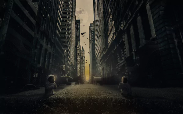 A sci-fi city street at sunset with astronauts standing in a wheat field, blending futuristic space suits and urban skyscrapers in an HD desktop wallpaper.