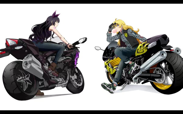 Anime characters Yang Xiao Long and Blake Belladonna from RWBY pose on their motorcycles in this vibrant 4K Ultra HD desktop wallpaper, showcasing dynamic energy and style.