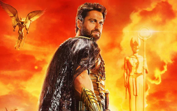 HD PC desktop wallpaper featuring Gerard Butler in his role from the movie Gods of Egypt, set against a fiery, mythological background.