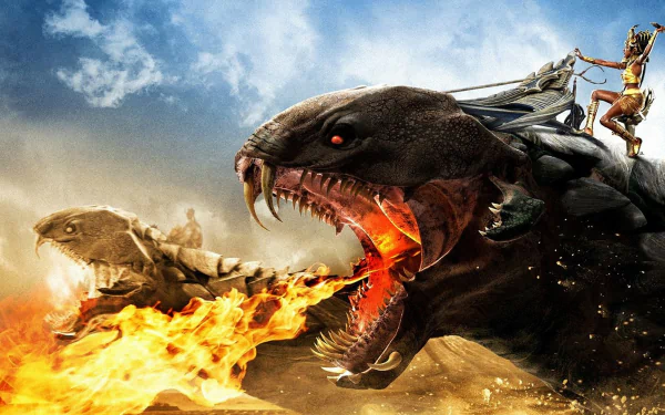 A dynamic scene from the movie Gods Of Egypt, featuring fierce battles with mythical creatures and warriors against a dramatic sky, designed as a captivating HD desktop wallpaper.