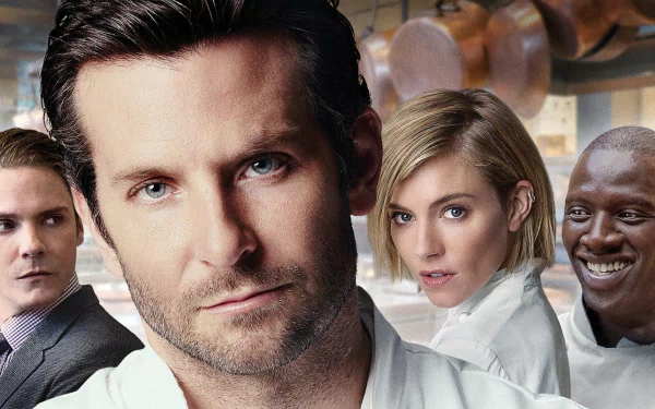 HD desktop wallpaper: poster-style image for the movie Burnt showing a lead chef in the foreground with three colleagues posed in a professional kitchen.