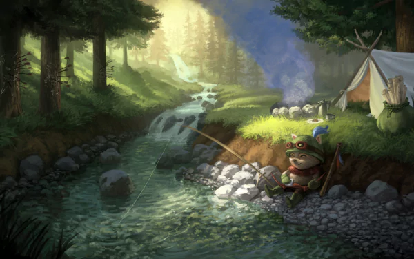 HD desktop wallpaper featuring Teemo from League of Legends peacefully fishing by a stream in a forest setting.