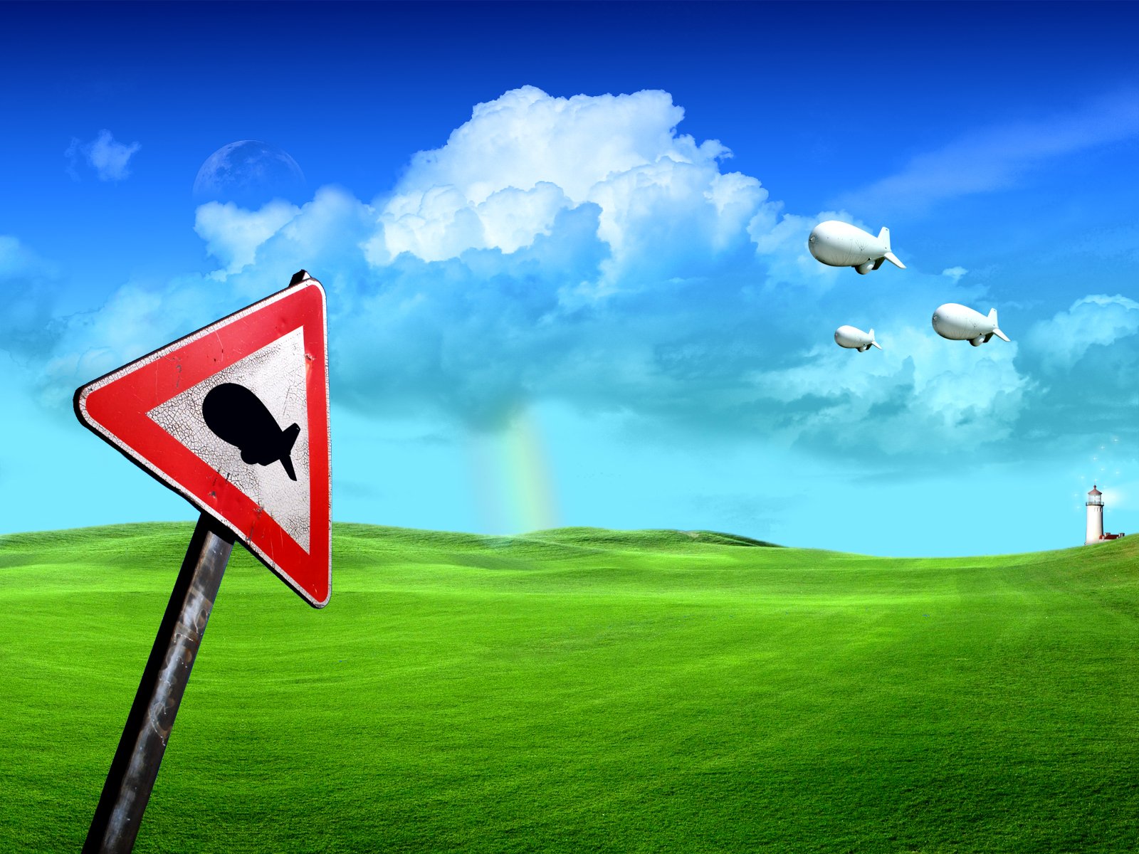 Artistic HD PC desktop wallpaper depicting a green field under a blue sky with clouds, a tilted warning sign featuring a bomb silhouette, and three floating airships.