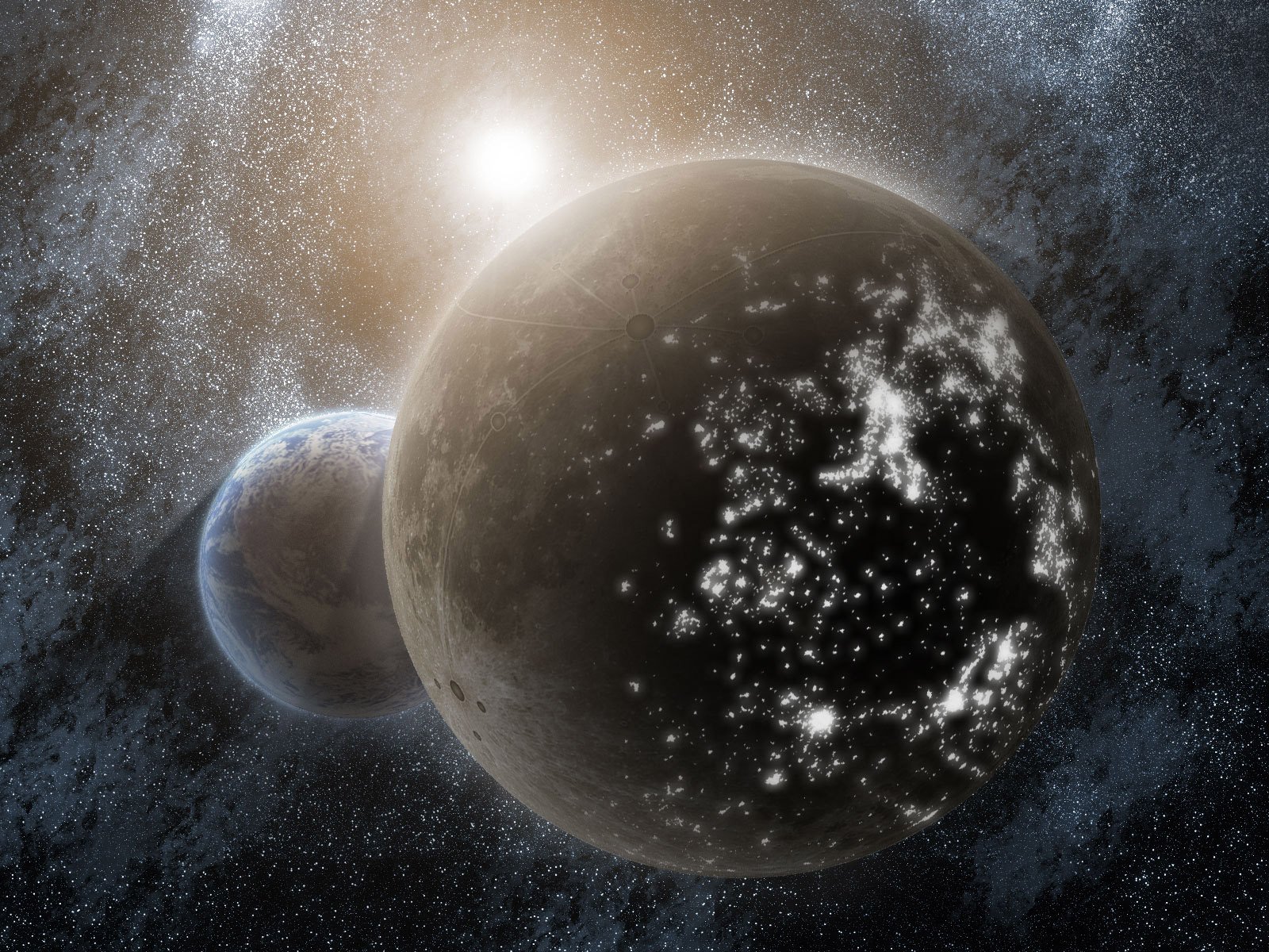 HD desktop wallpaper featuring a sci-fi scene with a large, dark planet illuminated by glowing lights, partially obscuring a smaller, vibrant planet, both set against a starry cosmic background.
