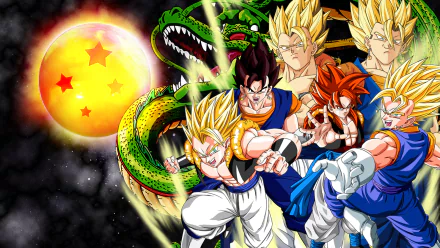 Vibrant HD wallpaper featuring characters from Anime Dragon Ball GT, showcasing iconic transformations and the Dragon Shenron against a backdrop of the Dragon Balls.