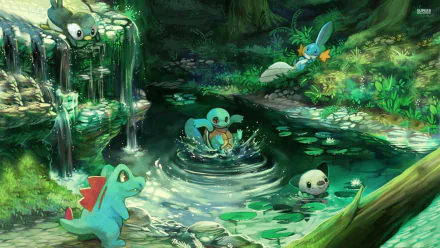 A serene forest pond featuring Pokémon: Totodile, Oshawott, Squirtle, Mudkip, and Piplup. This HD anime wallpaper shows them playing amidst lush greenery and flowing water.