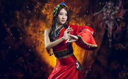 An Asian woman with blue eyes and brunette hair poses in a vibrant traditional costume against a fiery, artistic background in this HD PC desktop wallpaper.
