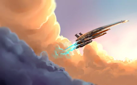 HD desktop wallpaper featuring the Normandy SR-2 spaceship from the Mass Effect 3 video game, soaring through vibrant clouds at sunset.