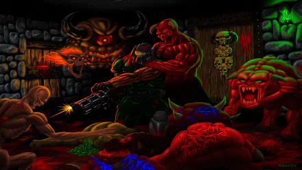 HD PC desktop wallpaper from the video game Brutal Doom: armored marine fires a chaingun amid blood and corpses as a towering red demon grabs him, surrounded by snarling monsters in a hellish corridor.