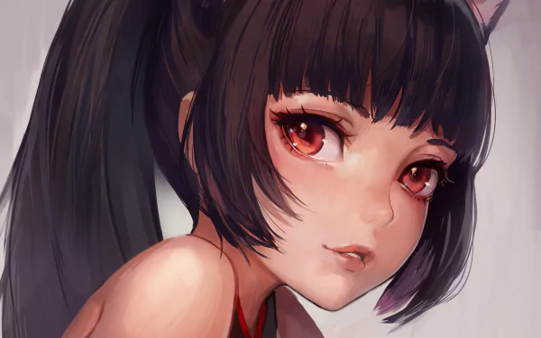 HD PC desktop wallpaper featuring a close-up of a red-eyed female character from the video game Tera with dark hair and cat-like ears.