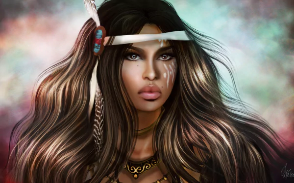 A close-up of a fantasy warrior adorned with a feathered headband, showcasing striking features and intricate details, set against a colorful, blurred background. HD wallpaper quality.