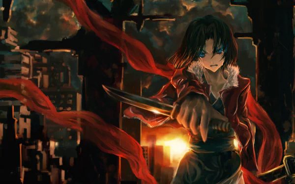 HD anime desktop wallpaper featuring a character from The Garden of Sinners holding knives with intense blue eyes and flowing red ribbons against a dark, fiery background.
