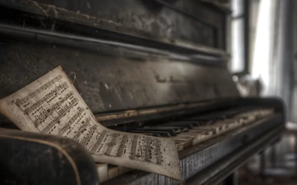 An abandoned piano with worn keys, accompanied by a sheet of music resting atop, creates a nostalgic atmosphere in this high-definition desktop wallpaper.