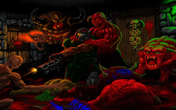 HD PC desktop wallpaper from the video game Brutal Doom: armored marine fires a chaingun amid blood and corpses as a towering red demon grabs him, surrounded by snarling monsters in a hellish corridor.