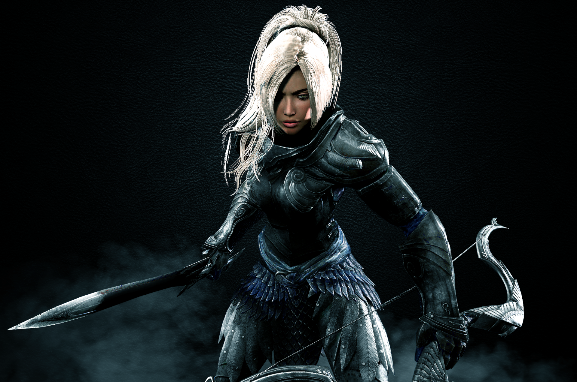 A fierce female elf warrior from The Elder Scrolls V: Skyrim, clad in armor, wielding a bow and sword, stands ready for battle in this striking HD wallpaper.