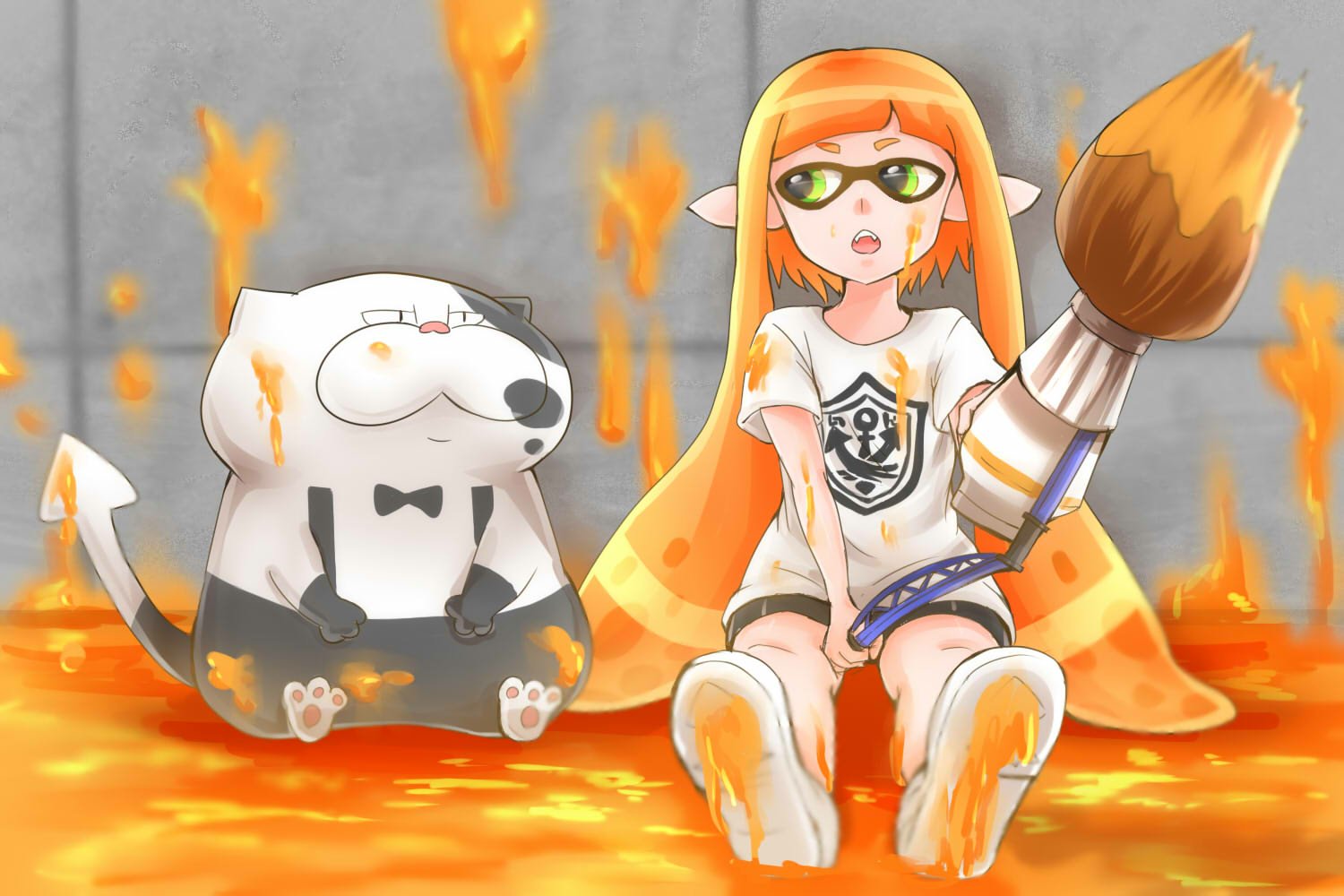 HD desktop wallpaper featuring an orange-haired Splatoon character with pointed ears holding a paintbrush, sitting beside a paint-covered dog in shorts.