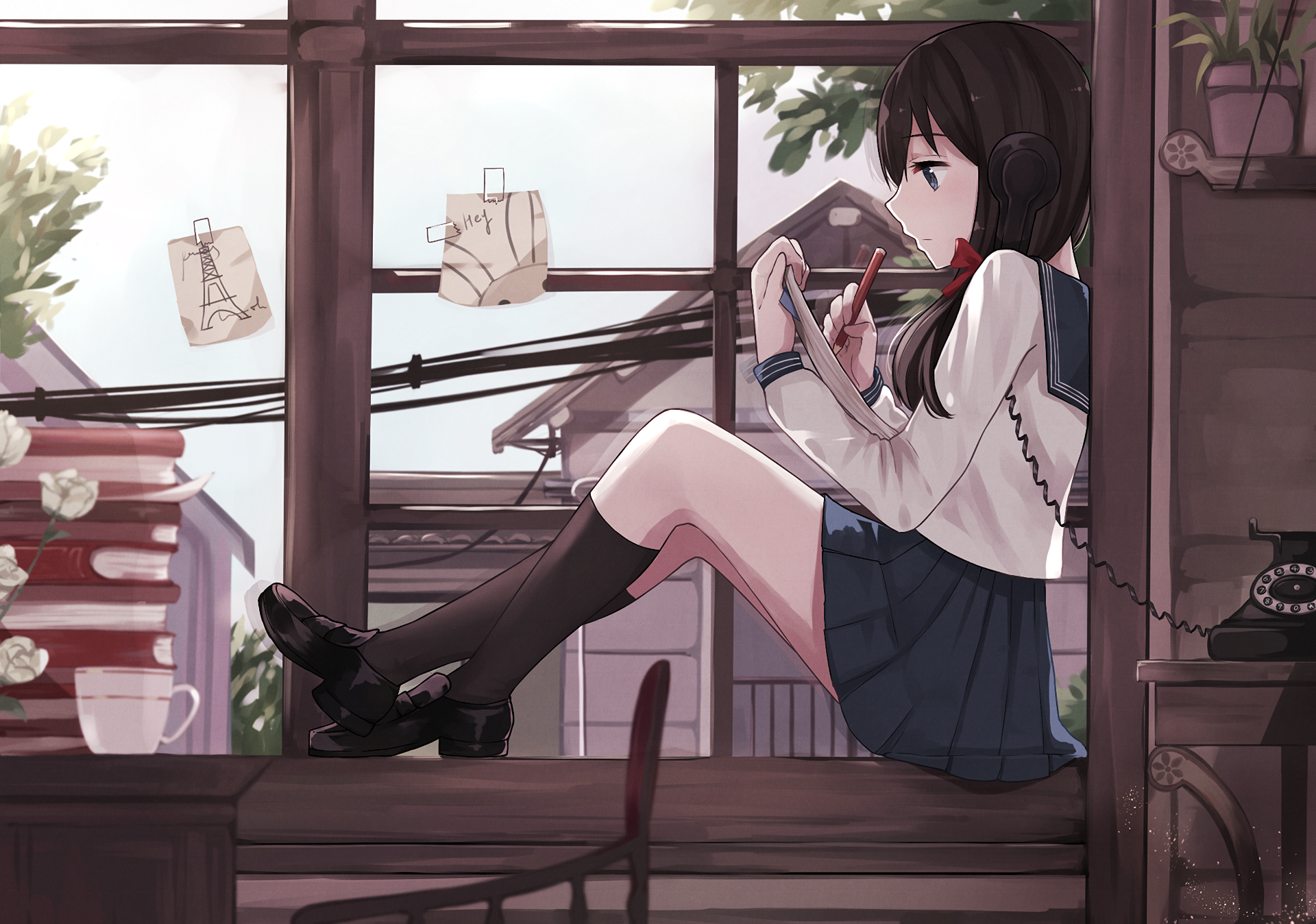 HD anime original desktop wallpaper depicting a girl in a school uniform sitting by a window, surrounded by cozy indoor details and soft natural light.