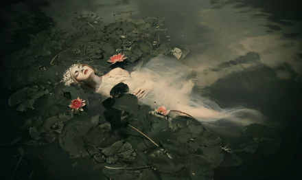 Artistic HD desktop wallpaper of a redheaded woman model floating in dark water amid lotus leaves, red lipstick and a moody, ethereal atmosphere.