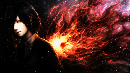 A striking HD wallpaper featuring Touka Kirishima from Tokyo Ghoul, showcasing a dramatic background of vibrant flames and cosmic elements, highlighting the character's intense presence.