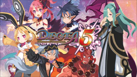 HD PC desktop wallpaper of the video game Disgaea 5: Alliance of Vengeance — colorful anime-style cast posed around the game's logo.