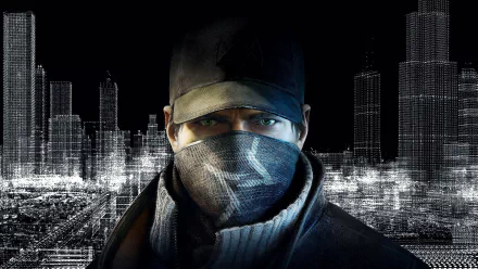 Aiden Pearce from the video game Watch Dogs stands in a dark urban landscape, his face partially obscured by a mask, creating a mysterious and intense atmosphere.