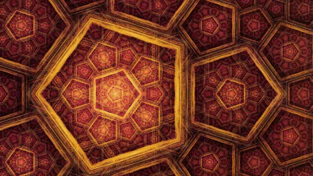 HD desktop wallpaper featuring an abstract fractal pattern of gold and red pentagons creating a rich, intricate geometric design.
